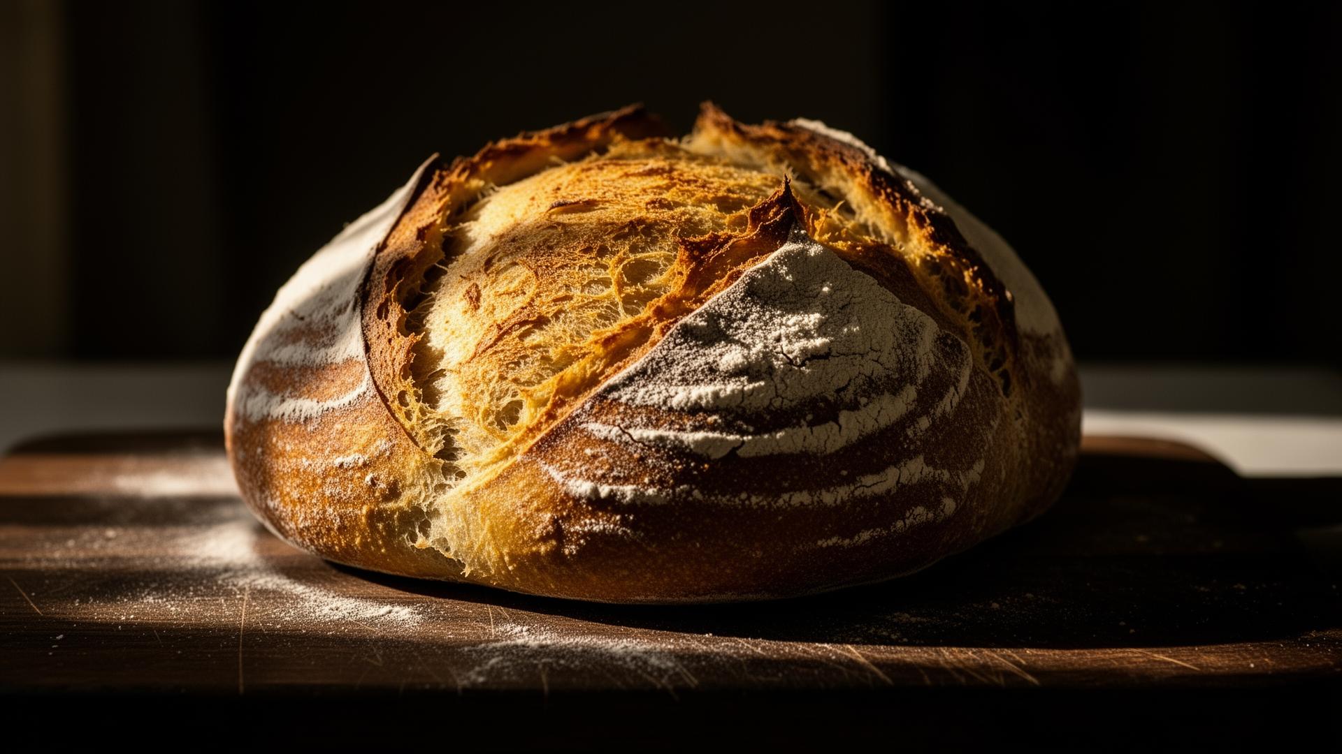 A crackly golden sourdough loaf dusted with flour